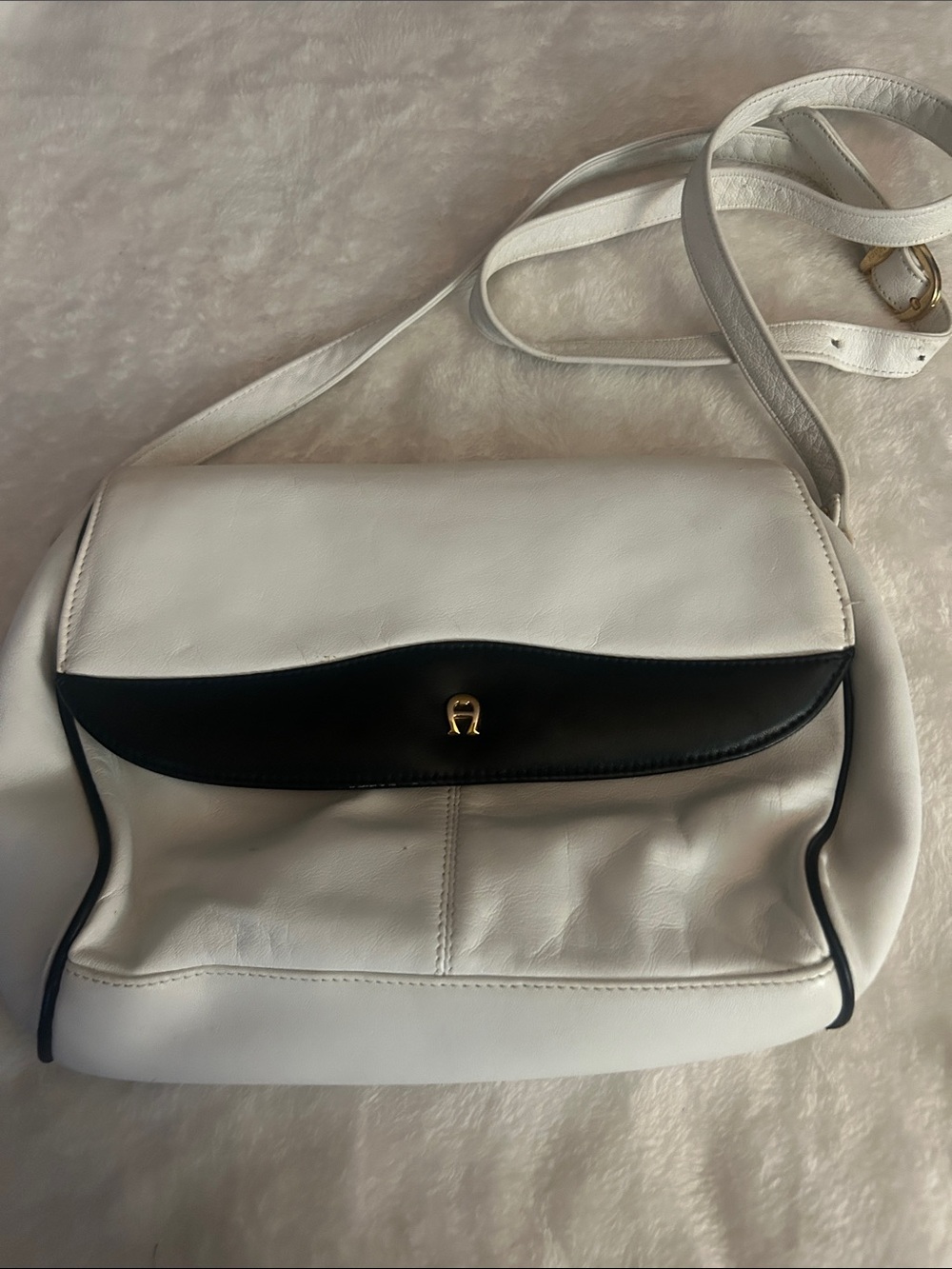 Etienne Aigner White and Black Leather Crossbody with Gold Hardware